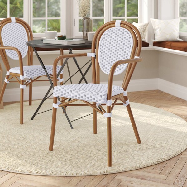 Flash Furniture Lourdes Thonet French Bistro Stacking Chair w/Arms, White/Gray PE Rattan/Bamboo Print Alum Frame SDA-AD642002A-WHGY-NAT-GG - main